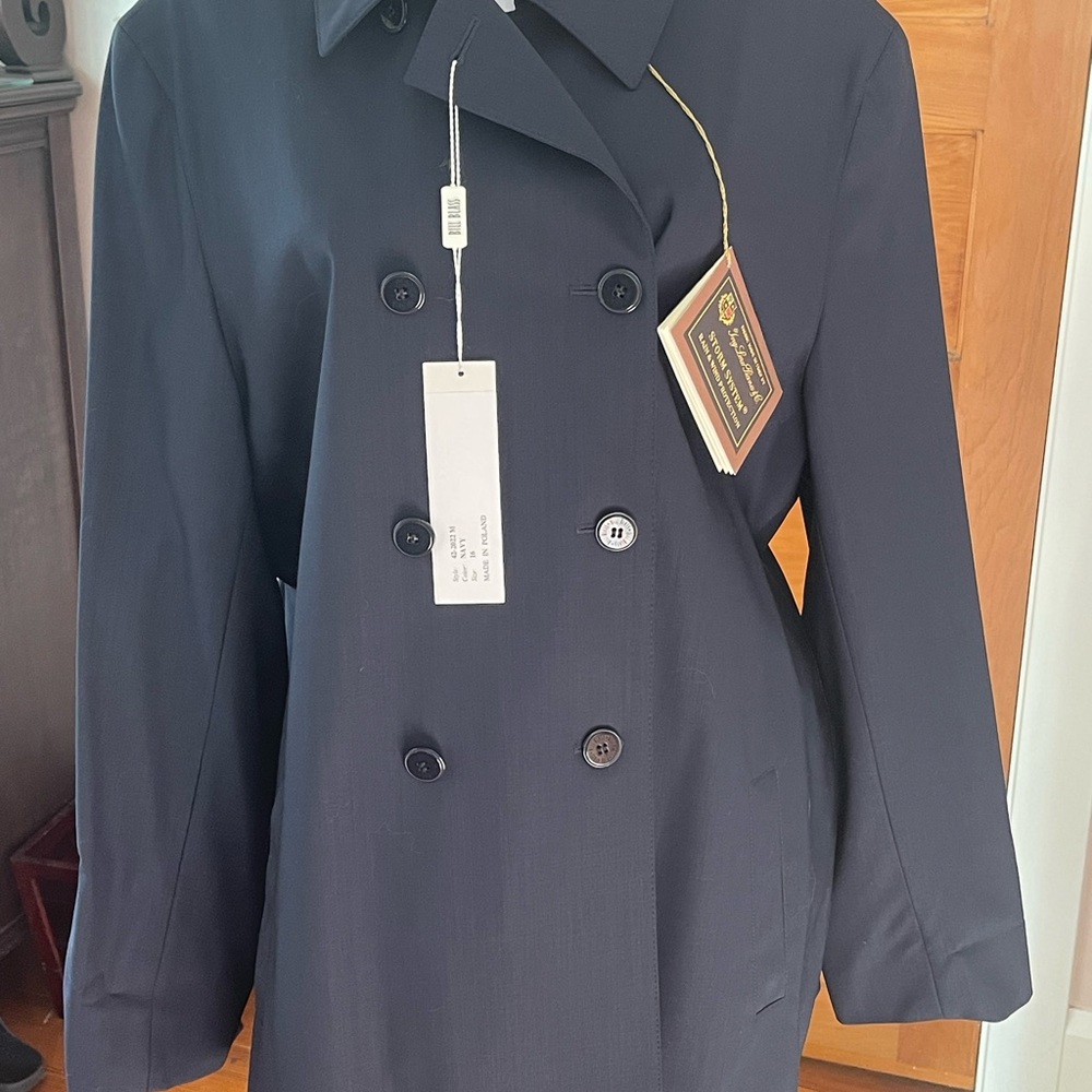 Loro Piana Storm System Double-Breasted Button Rain Coat in Navy by Bill Blass